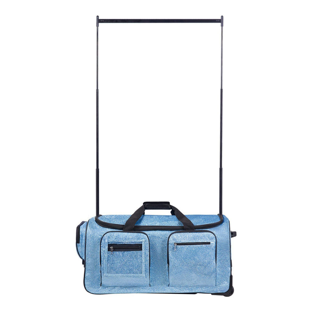Dance Bag with Garment Rack, 29 Inch Rolling Dance Duffel, with Wheels, USB Port, Height Adjustable Clothes Rack, Privacy Protection Curtain, Ideal for Travel and Competitions, Sparkling Blue