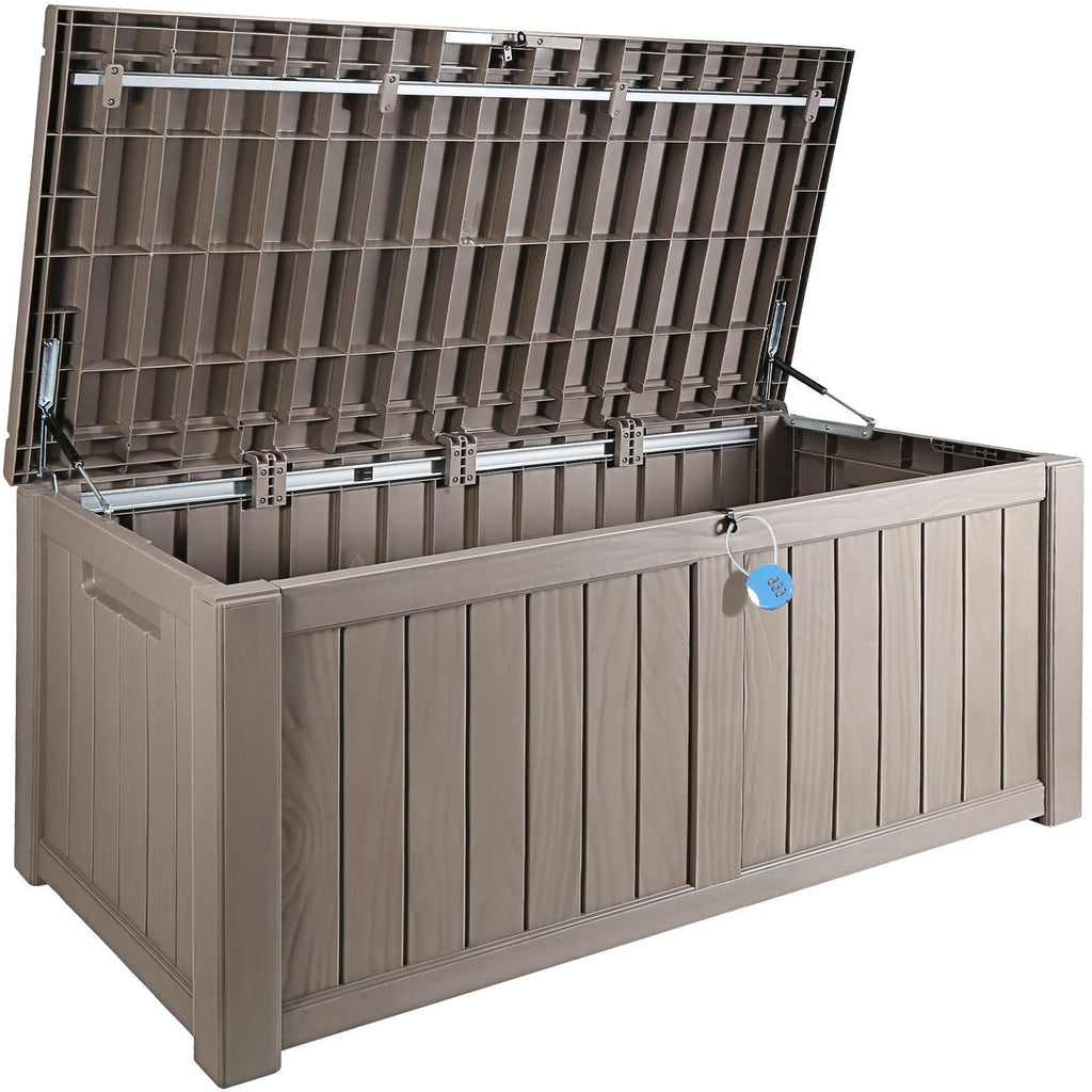 Deck Box, 120 Gallon, 56.3" x 26.6" x 23.8" Outdoor Storage Box, Waterproof PP Deckbox with Aluminum Alloy Padlock, for Patio Furniture, Garden Tools, Pool Toys, Outdoor Cushions, Gray