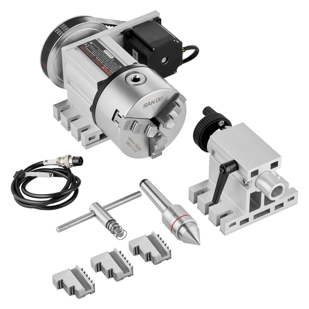 Dividing Head, K11-100mm 3-Jaw Chuck, CNC Router Milling Machine Rotational Axis 4th Axis A Axis Indexing Head, 2.6"/65 mm Center Height MT2 Tailstock 6:1 Gear Ratio, Universal for Engraving