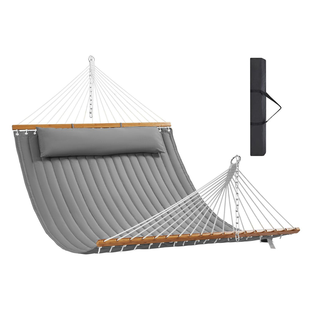 Double Quilted Fabric Hammock with Hardwood Spreader Bar Detachable Pillow