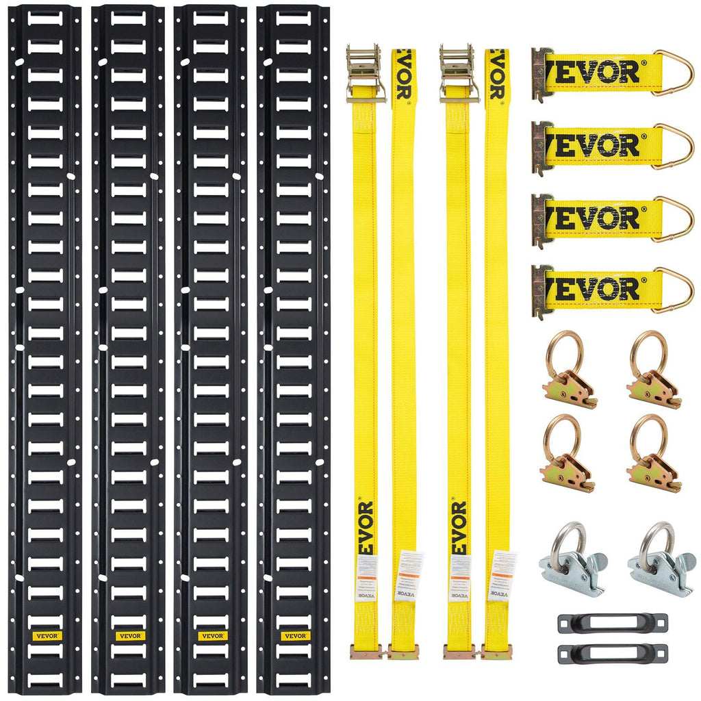 E Track Tie-Down Rail Kit, 18PCS 5FT E-Tracks Set Includes 4 Steel Rails & 2 Single Slot & 6 O Rings & 4 Tie-Offs w/D-Ring & 2 Ratchet Straps, Securing Accessories for Cargo Motorcycles Bikes