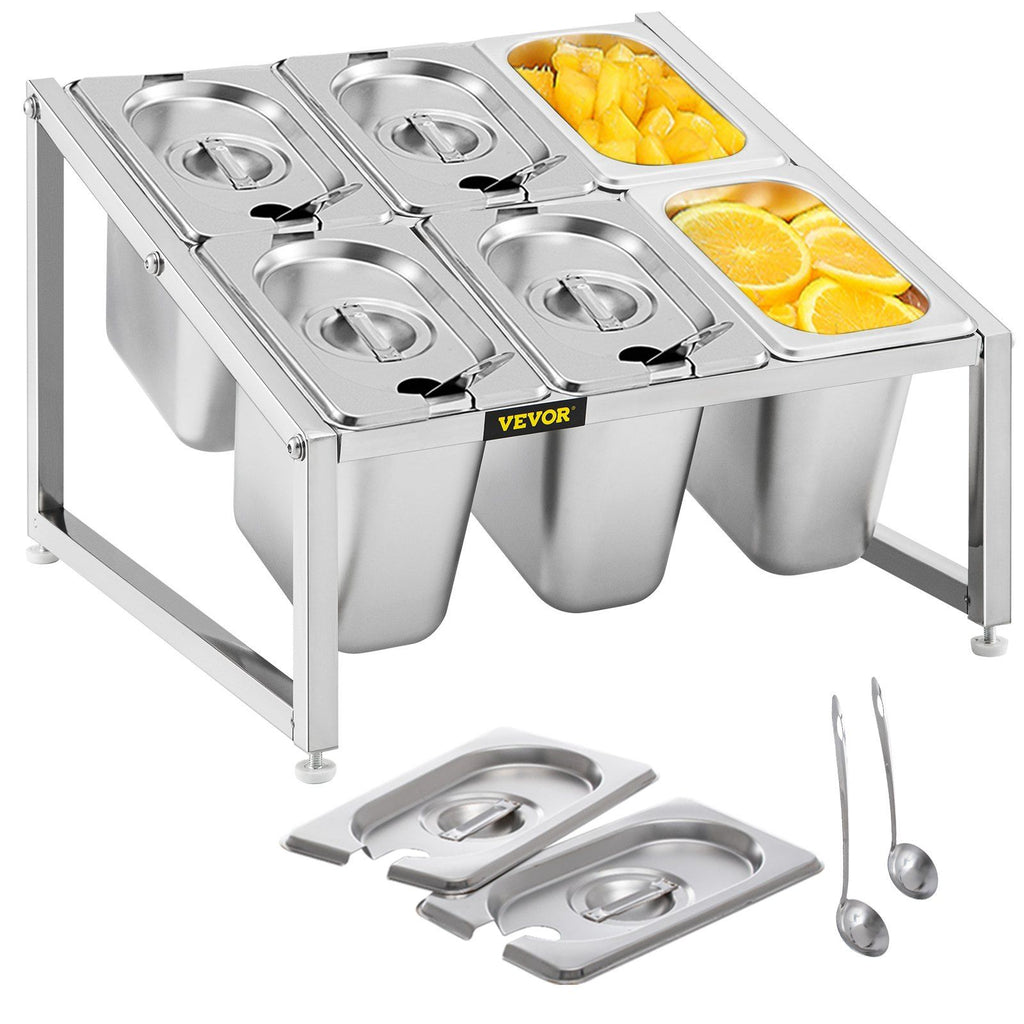 Expandable Spice Rack, 13.8"-23.6" Adjustable, 2-Tier Stainless Steel Organizer Shelf with 6 1/9 Pans 6 Ladles, Countertop Inclined Holder for Sauce Ingredients Fruits, for Kitchen Pantry Use