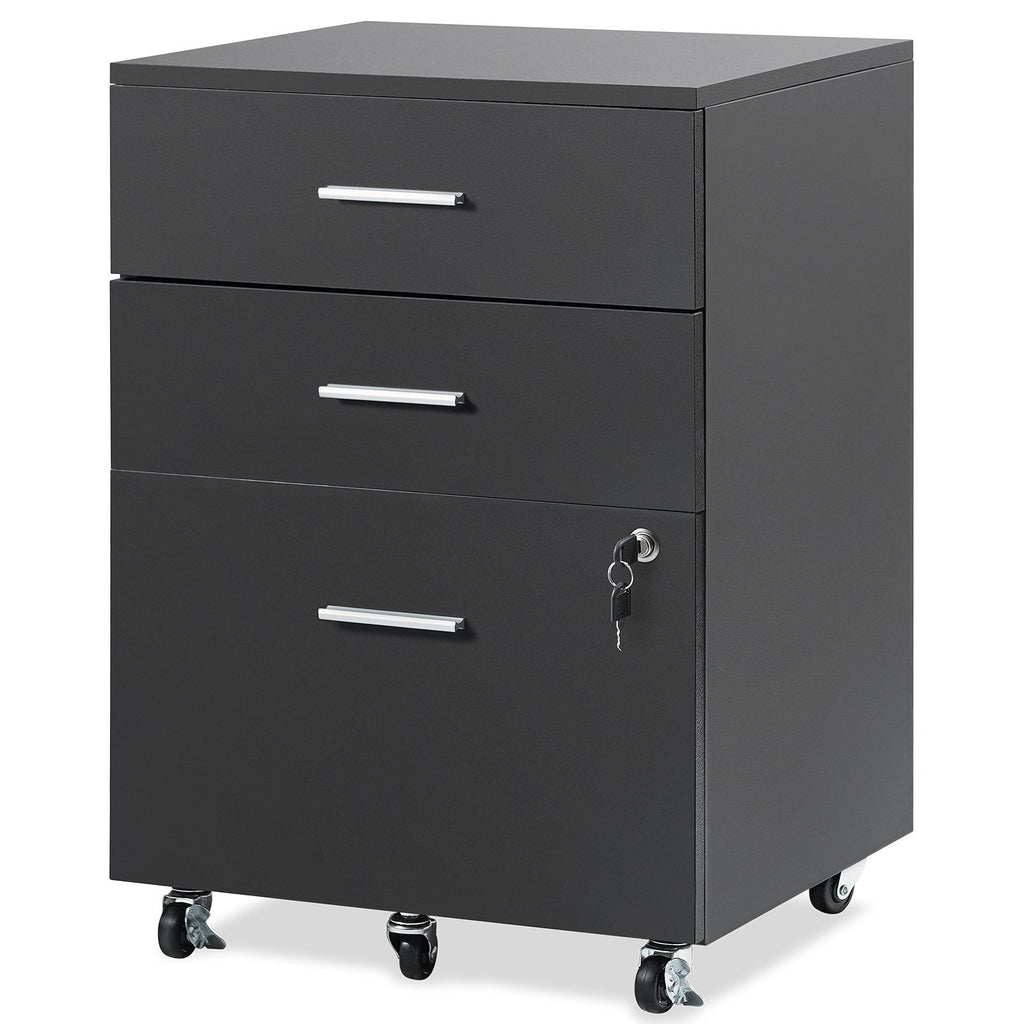 File Cabinet, 3-Drawer Wood Filing Cabinet, Locking Office Cabinet for Letter/A4 Size, File Cabinet with 5 Wheels for Home Office, Black