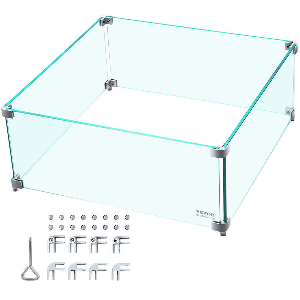 Fire Pit Wind Guard, 14 x 14 x 6 Inch Glass Wind Guard, Rectangular Glass Shield, 0.3" Thick Fire Table, Clear Tempered Glass Flame Guard, Steady Feet Tree Pit Guard for Propane, Gas, Outdoor