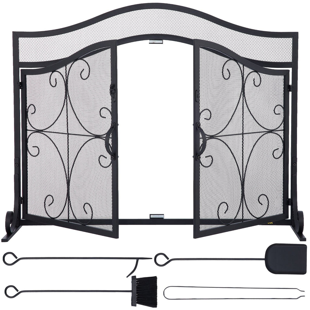 Fireplace Screen, 39 x 26.6 Inch, Double Door Iron Freestanding Spark Guard with Support, Metal Mesh Craft, Broom Tong Shovel Poker Included for Fireplace Decoration & Protection, Black