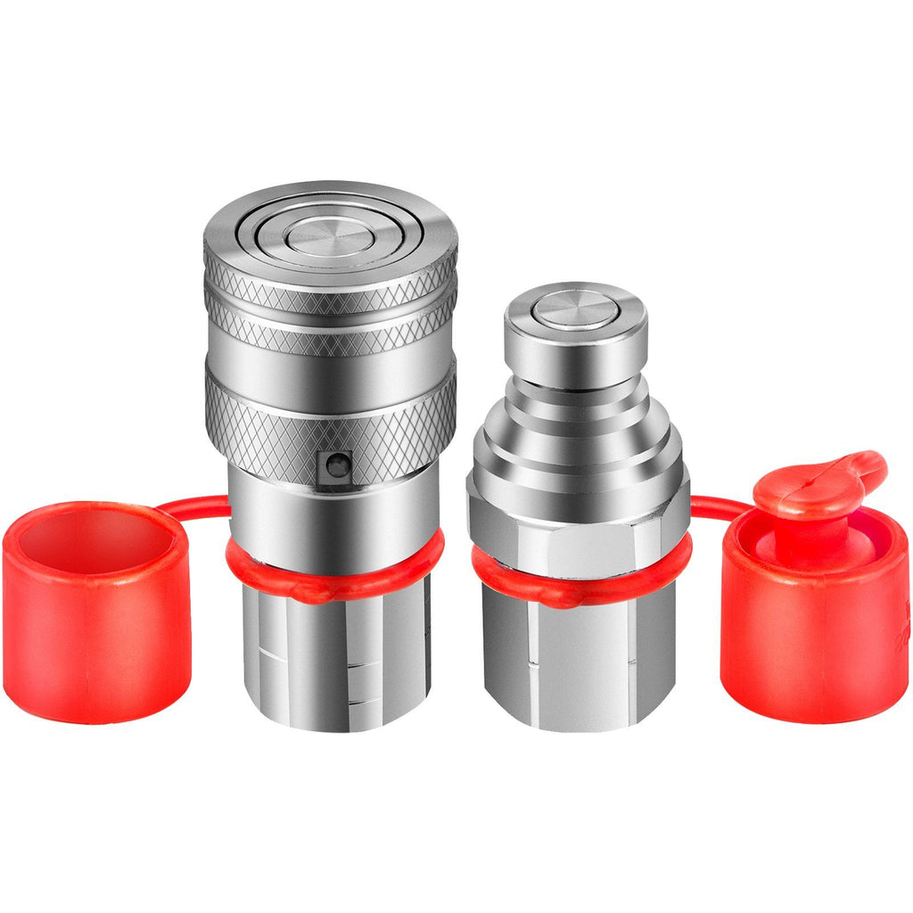 Flat Face Hydraulic Couplers 1/2'' Body 1/2'' NPT Thread, Skid Steer Quick Connect Coupling, 4061 PSI Hydraulic Fittings, Pioneer Hydraulic Couplers w/Dust Caps for Bobcat Case (ISO16028)