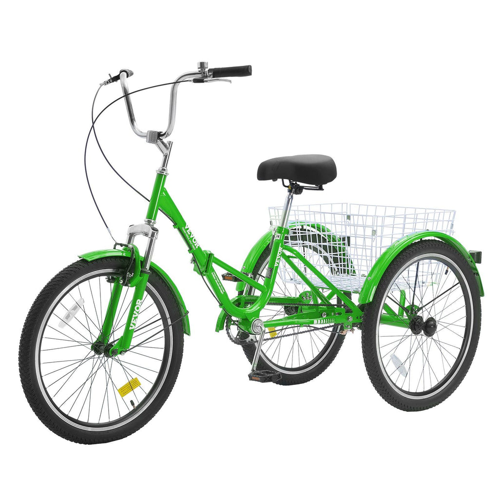 Folding Adult Tricycle, 24-Inch Adult Folding Trikes, Carbon Steel 3 Wheel Cruiser Bike with Large Basket & Adjustable Seat, Shopping Picnic Foldable Tricycles for Women, Men, Seniors (Green)