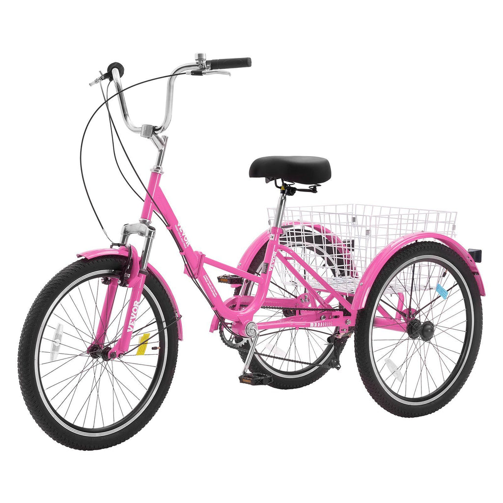 Folding Adult Tricycle, 26-Inch 7-Speed Adult Folding Trikes, Carbon Steel 3 Wheel Cruiser Bike with Basket & Adjustable Seat, Shopping Picnic Foldable Tricycles for Women, Men, Seniors (Pink)