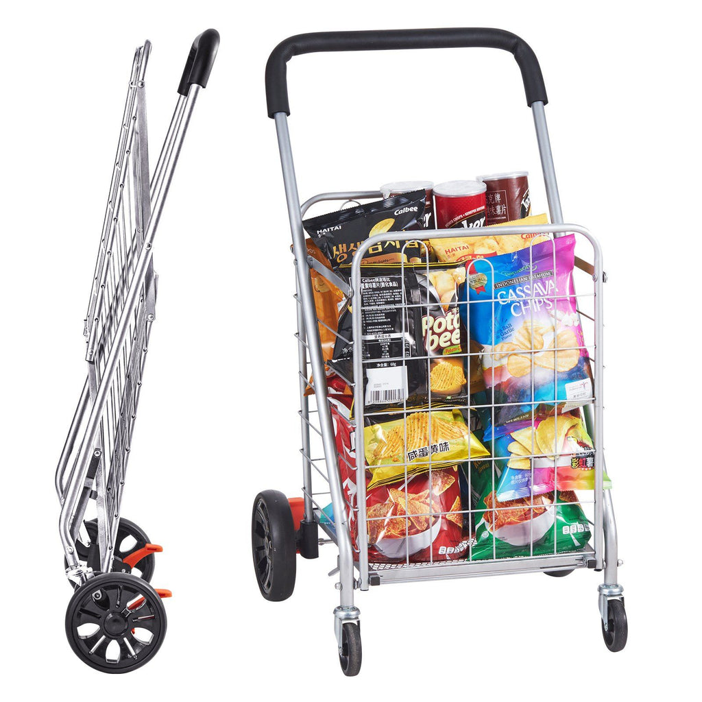Folding Shopping Cart, 110 lbs Max Load Capacity, Grocery Utility Cart with Rolling Swivel Wheels, Heavy Duty Foldable Laundry Basket Trolley Compact Lightweight Collapsible for Luggage, Silver