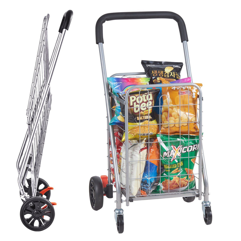 Folding Shopping Cart, 66 lbs Max Load Capacity, Grocery Utility Cart with Rolling Swivel Wheels, Heavy Duty Foldable Laundry Basket Trolley Compact Lightweight Collapsible for Luggage, Silver