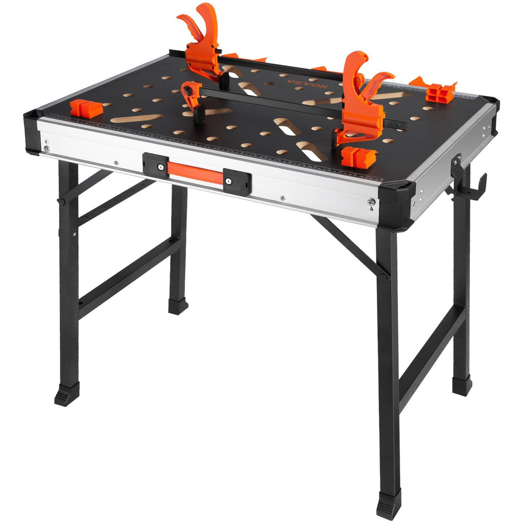 Folding Work Table, 2-in-1 as Sawhorse & Workbench, 1000 lbs Load Capacity, Steel Legs, Portable Foldable Tool Stand with 2 Wood Clamps, 4 Bench Dogs, 3 Tool Boxes, 2 Hooks, Easy Garage Storage