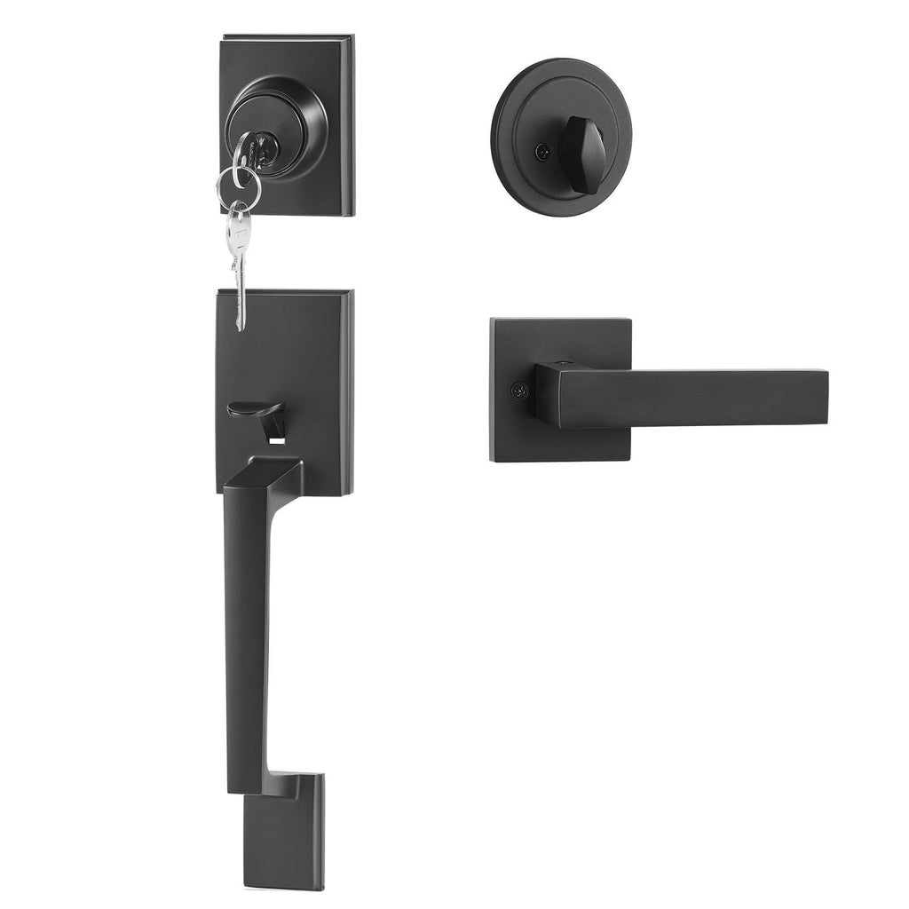 Front Door Handle and Deadbolt Set, Matte Black Square Handle Set with Lever Door Handle, Single Cylinder Entry Door Handle with Reversible for Right and Left Handed Entrance and Front Door
