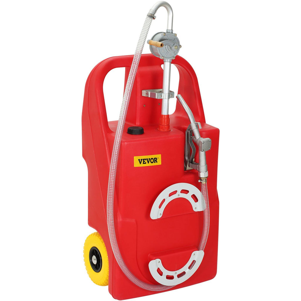 Fuel Caddy, 25 Gallon, Portable Fuel Storage Tank On-Wheels, with Manuel Transfer Pump, Gasoline Diesel Fuel Container for Cars, Lawn Mowers, ATVs, Boats, More, Red