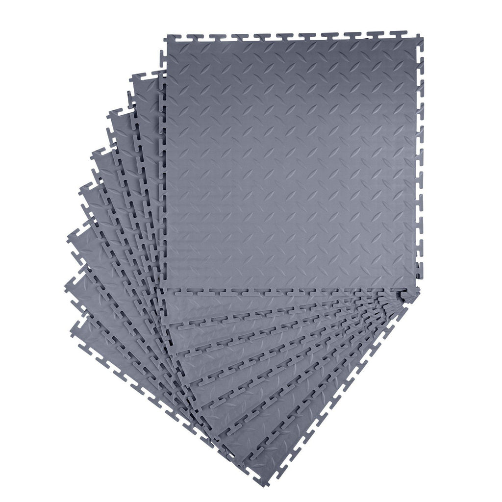 Garage Floor Tiles Interlocking, 8 Pack 20.2 x 20.2 x 0.2 in Interlocking Modular Garage Flooring Tiles, Diamond Plate Slip-Resistant PVC Mats for Workshop,Warehouse,Tool Room, Graphite Gray