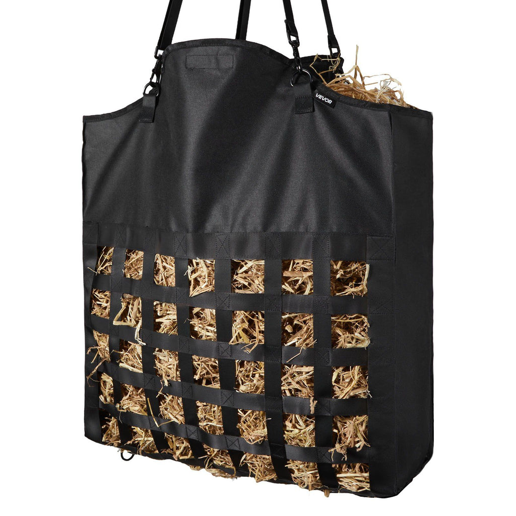 Hay Bag for Horses, 21.65 x 7.28 x 25.2 in, 1.81 x 1.81 in Holes, Premium Nylon Construction with PVC Waterproof Coating, Adjustable Hanging Straps and Metal Hooks, Slow Feed Hay Bag for Horses