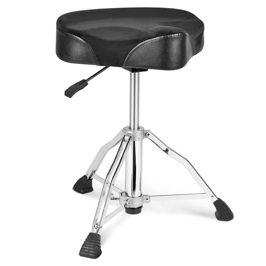 Hydraulic Saddle Drum Throne, 19.3-25.2 in / 490-640 mm Height Adjustable, Padded Drum Stool Seat with Anti-Slip Feet Drumsticks 500 lbs / 227 kg Max Weight Capacity, 360° Swivel for Drummers