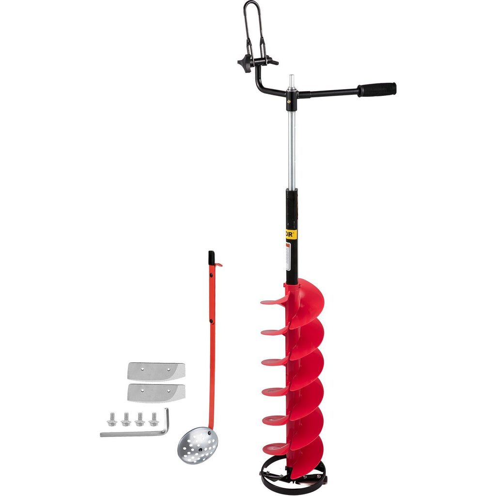 Ice Drill Auger, 8'' Diameter Nylon Ice Auger, 41'' Length Ice Auger Bit, Auger Drill w/ 14'' Adjustable Extension Rod, Rubber Handle, Drill Adapter, Replaceable Auger Blade for Ice Fishing Red