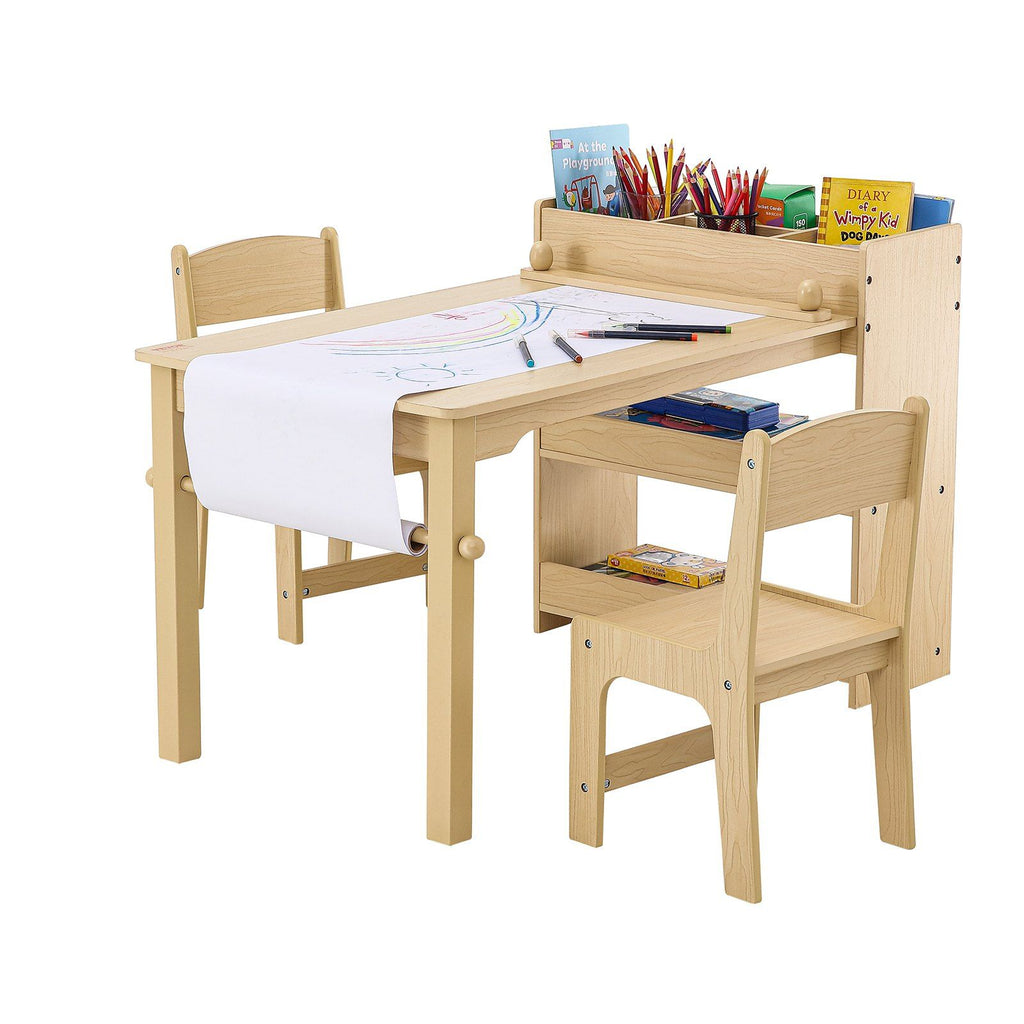 Kids Art Table and 2 Chairs, 2-in-1 Toddler Craft and Play Activity Table, Wood Toddler Table and Chair Set with A Cabinet for Art, Craft, Reading, Learning