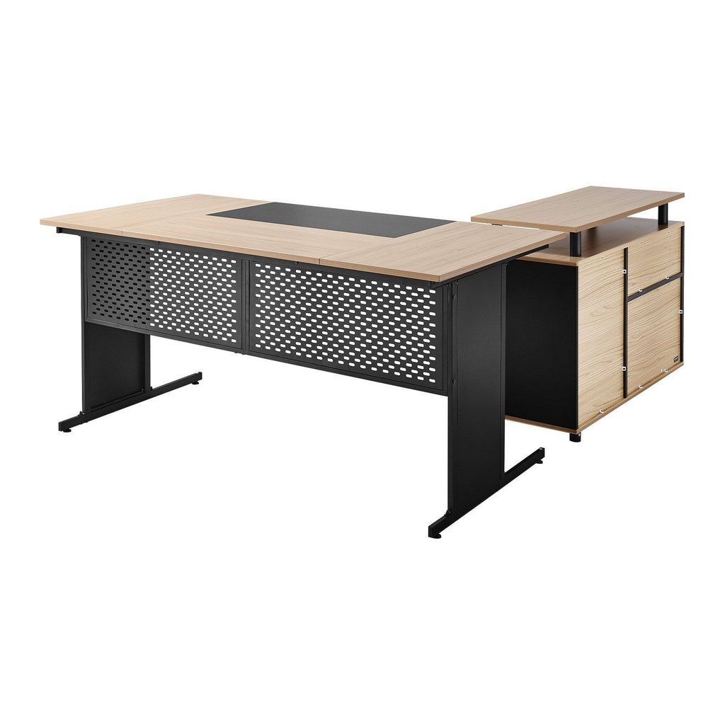 L-Shaped Executive Desk, Modern Reversible Office Table with Drawers & Storage Cabinet, Heavy Duty Large Wooden Executive Table, 350 LBS Load Capacity, Easy Assembly, for Work Study Writing