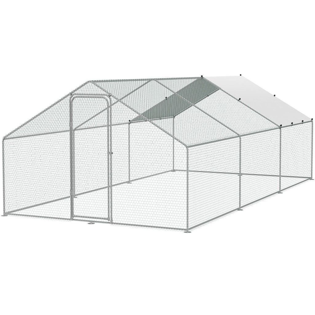Large Metal Chicken Coop, 9.8x19.3x6.5 ft Walk-in Chicken Runs for Yard with Cover, Spire Roof Hen House with Security Lock for Outdoor and Backyard, Farm, Duck Rabbit Cage Poultry Pen