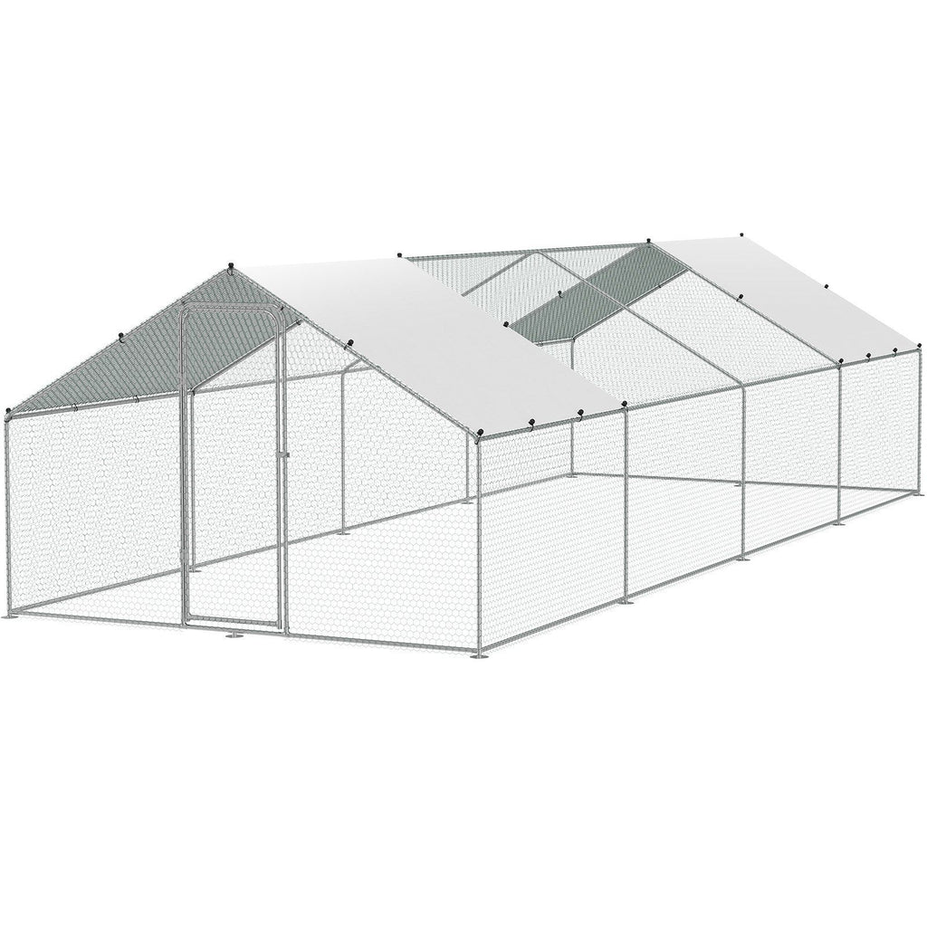 Large Metal Chicken Coop with Run, 9.8x25.6x6.5 ft Walk-in Chicken Runs for Yard with Cover, Spire Roof Hen House with Security Lock for Outdoor and Backyard, Farm, Duck Rabbit Cage Poultry Pen