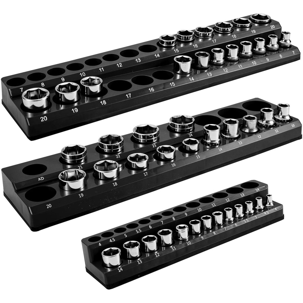 Magnetic Socket Organizer Socket Holder 3 pcs 1/2, 3/8, 1/4-in Metric Black