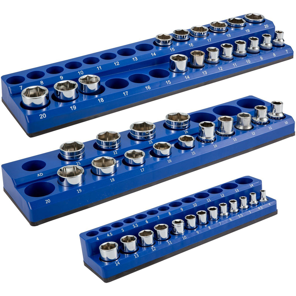 Magnetic Socket Organizer Socket Holder 3 pcs 1/2, 3/8, 1/4-in Metric Blue