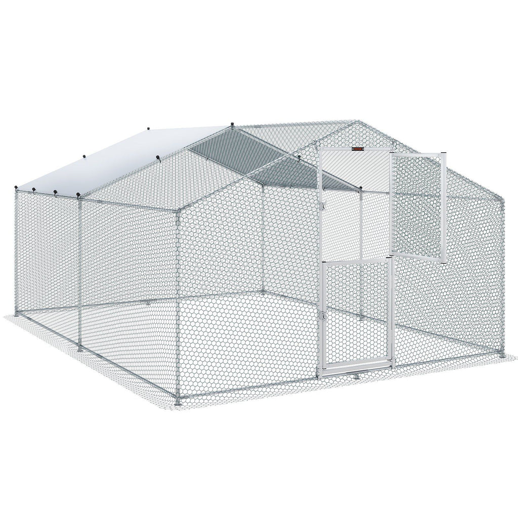 Metal Chicken Coop, 13.1 x 9.8 x 6.6 ft Large Chicken Run, Peaked Roof Outdoor Walk-in Poultry Pen Cage for Farm or Backyard, with Water-proof Cover and Protection Mesh, for Hen, Duck, Rabbit