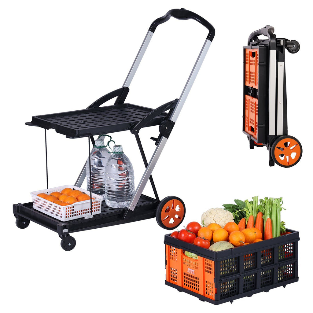 Multi Use Functional Collapsible Cart, 198 lbs Capacity 2-Tier Folding Shopping Cart with Wheels, Collapsible Utility Cart with Storage Crate, 2 in 1 Hand Truck for Grocery/Luggage/Moving/Office