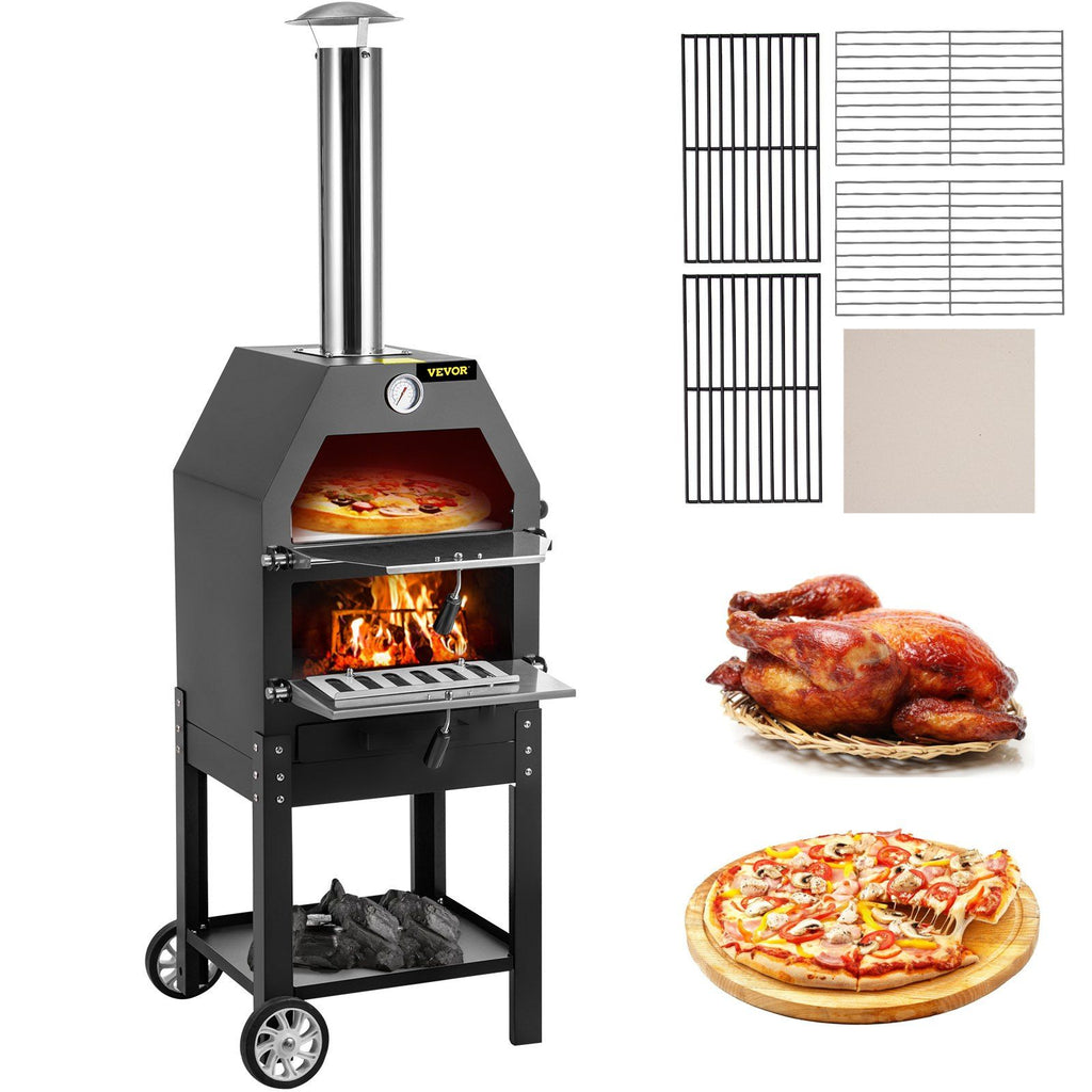 Outdoor Pizza Oven, 12" Wood Fire Oven, 2-Layer Pizza Oven Wood Fired, Wood Burning Outdoor Pizza Oven with 2 Removable Wheels, 700°F Max Temperature Wood Fired Pizza Maker Ovens for Barbecue