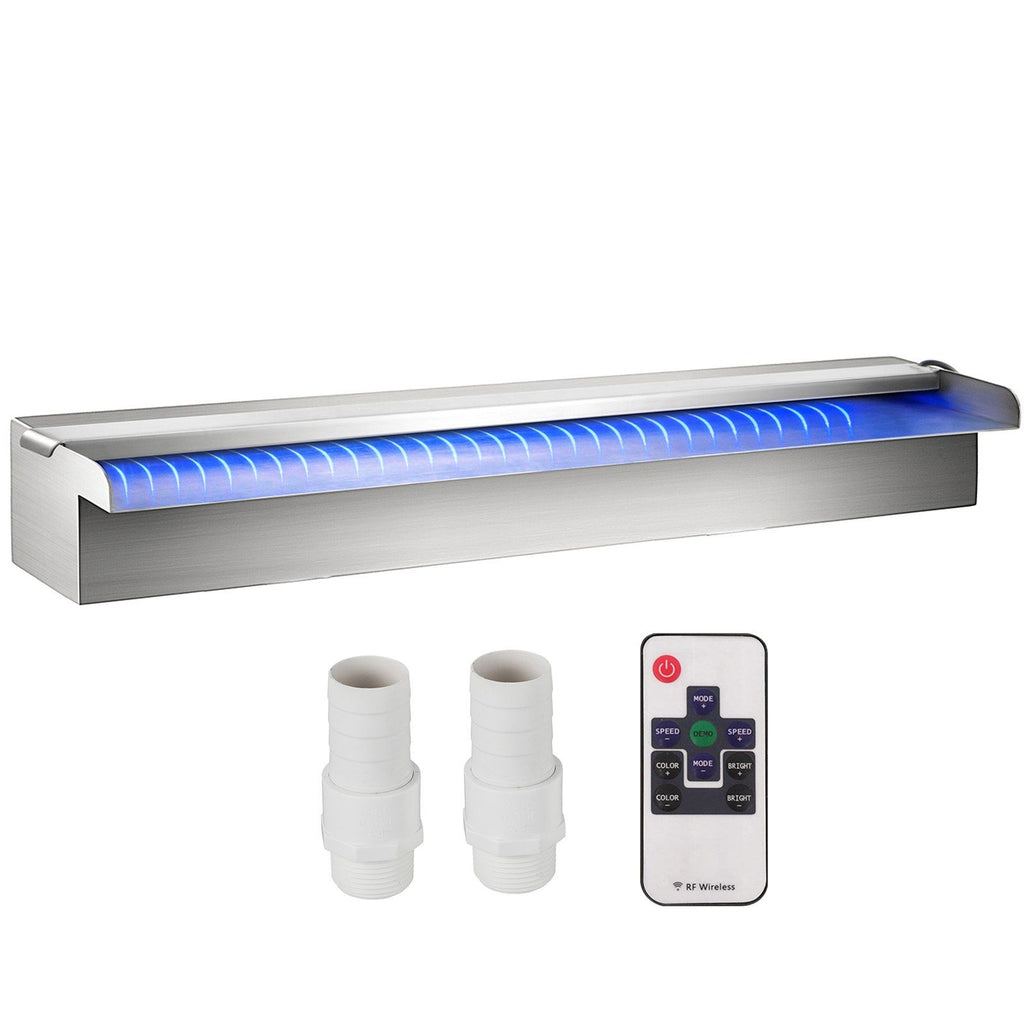 Pool Fountain Stainless Steel, Pool Waterfall 23.6" x 4.5" x 3.1"(W x D x H) with LED Strip Light, Waterfall Spillway Rectangular Garden Outdoor