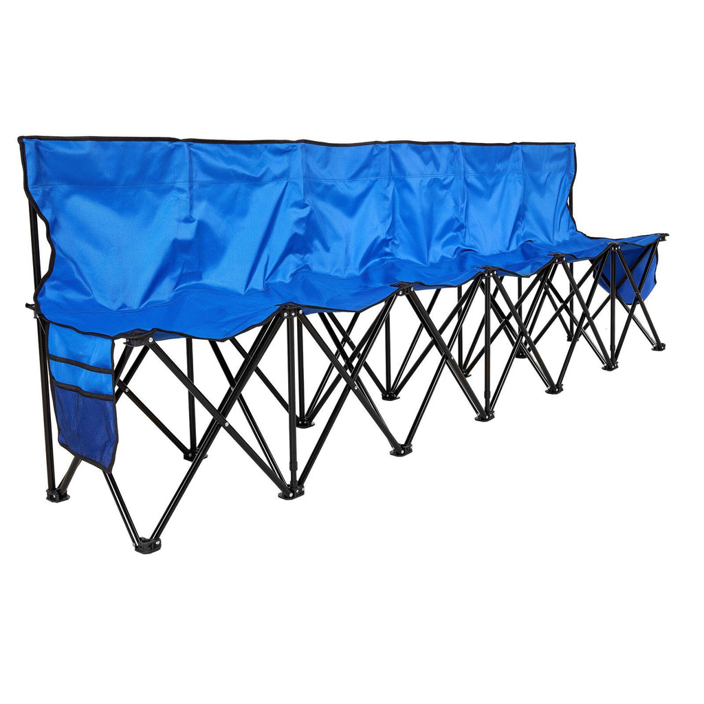Portable Folding Bench, 6 Seat Foldable Soccer Bench with Side Pockets and Carrying Bag, Lightweight Sideline Seating with Back Rest for Football, Baseball, Camping, Outdoor Events, Blue