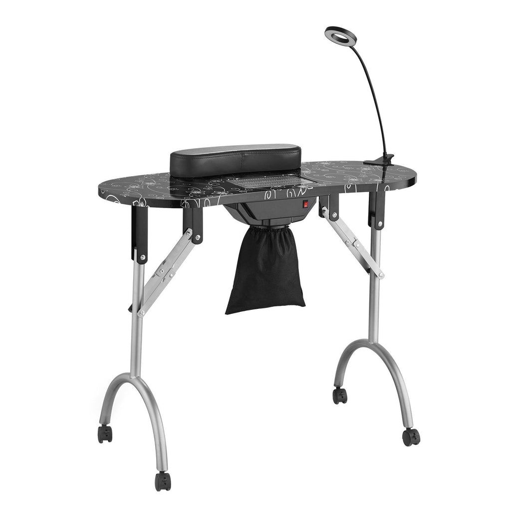Portable Manicure Table, Foldable Nail Table with Electric Dust Collector, Moveable Nail Tech Desk & 4 Wheels, 3 Dust Bags, Bendable LED Lamp, MDF Nail Art Workstation for Home Spa Beauty Salon