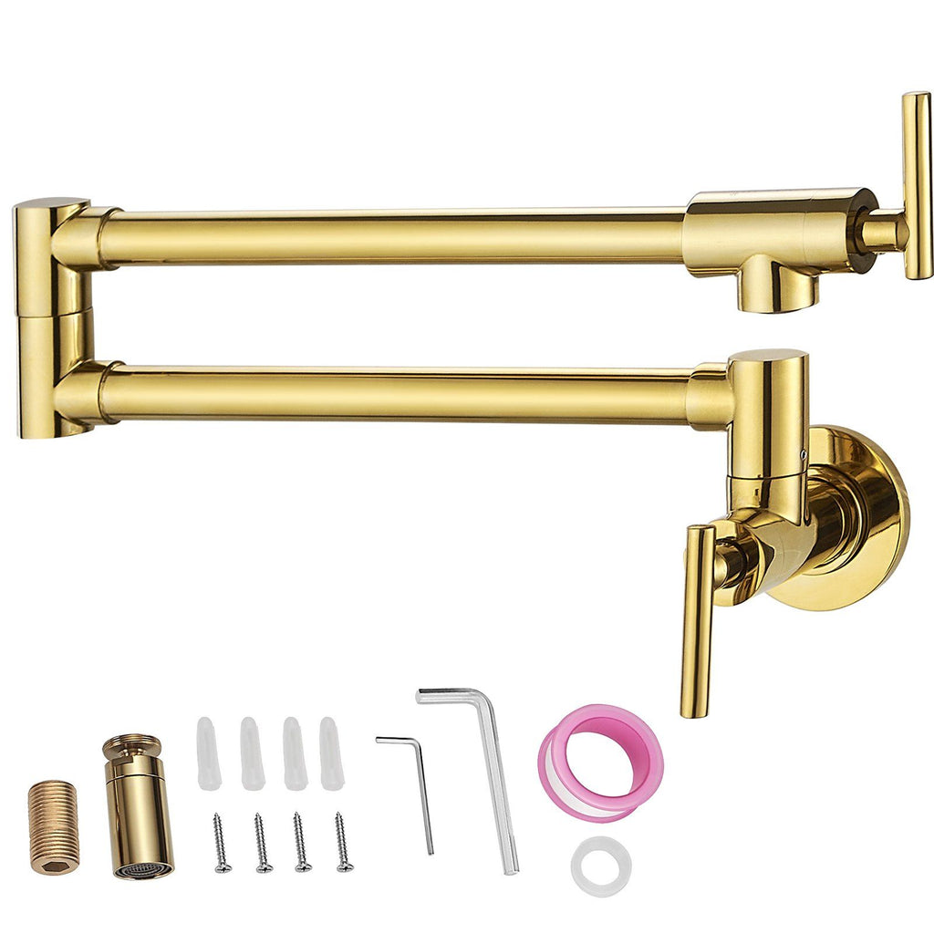 Pot Filler Faucet, Solid Brass Commercial Wall Mount Kitchen Stove Faucet with Gold Finish, Folding Restaurant Sink Faucet with Double Joint Swing Arm & 2 Handles 24.4"