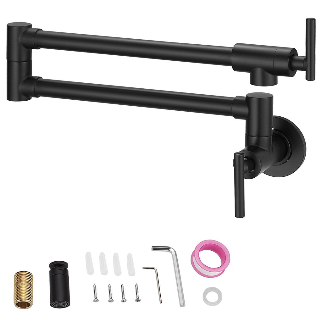 Pot Filler Faucet, Solid Brass Commercial Wall Mount Kitchen Stove Faucet with Matte Black Finish, Folding Restaurant Sink Faucet with Double Joint Swing Arm & 2 Handles 24.4"