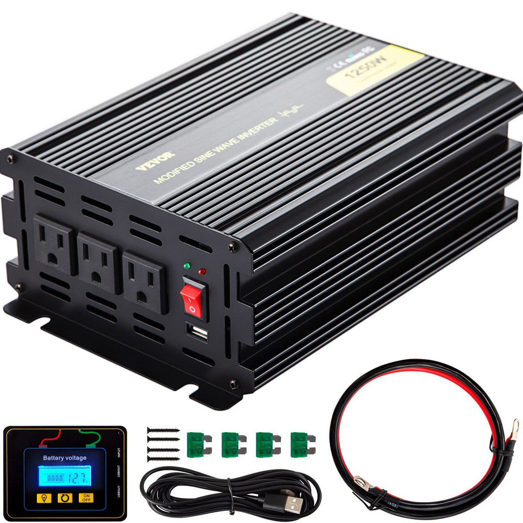 Power Inverter, 1250W Modified Sine Wave Inverter, DC 12V to AC 120V Car Converter, with LCD Remote Controller, LED Indicator, AC Outlets Inverter for Truck RV Car Boat Travel Camping Emergency