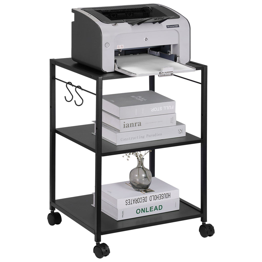 Printer Stand, Height Adjustable 3 Tier Printer Stand, Printer Cart with Storage Shelves and Hooks for Printer, Scanner, Fax, Home Office Use, EPA Certified, Black