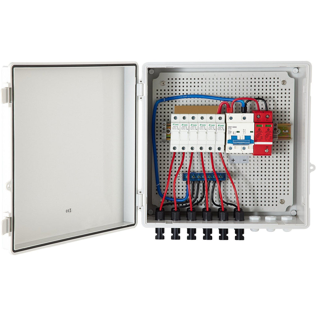 PV Combiner Box, 6 String, Solar Combiner Box with 15A Rated Current Fuse, 125A Circuit Breaker, Lightning Arreste and Solar Connector, for On/Off Grid Solar Panel System, IP65 Waterproof
