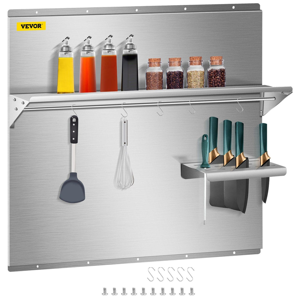 Range Backsplash with Shelf 29.5 x 29.5 Inch Range Hood Wall Shield, Stainless Steel Backsplash Silver Splash Plate for Range Hood Stainless Backsplash with Storage Shelf and Hanging Rack