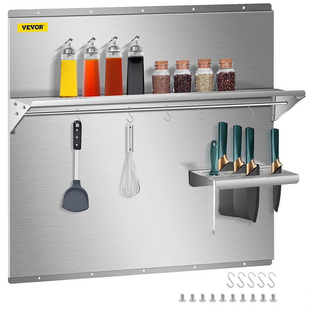 Range Backsplash with Shelf 36 x 30.7 Inch Range Hood Wall Shield, Stainless Steel Backsplash Silver Splash Plate for Range Hood Stainless Backsplash with Built-in Storage Shelf and Hanging Rack