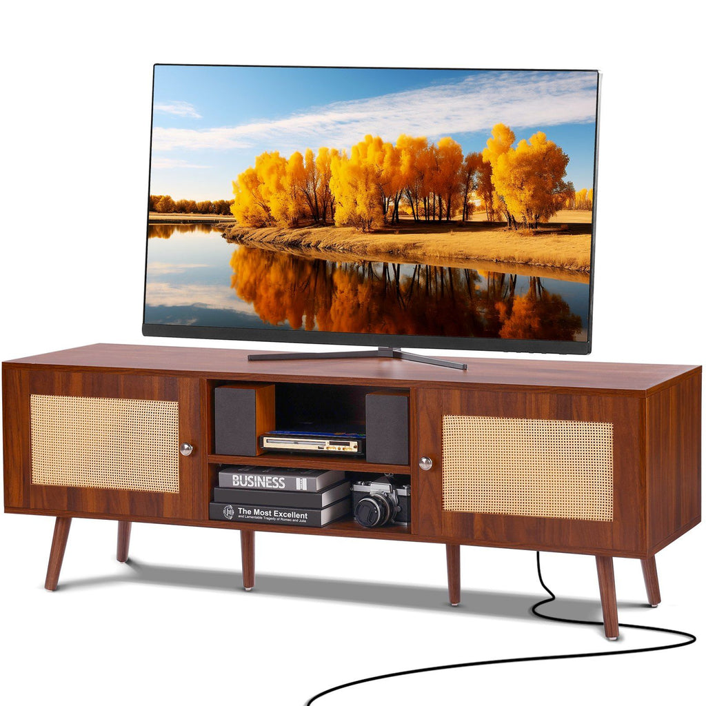 Rattan TV Stand, Mid Century Modern TV Stand for 65 inch TV, Boho Rattan TV Cabinet with Build-in Socket and USB Ports, Adjustable Shelfs for Living Room, Media Room, Walnut