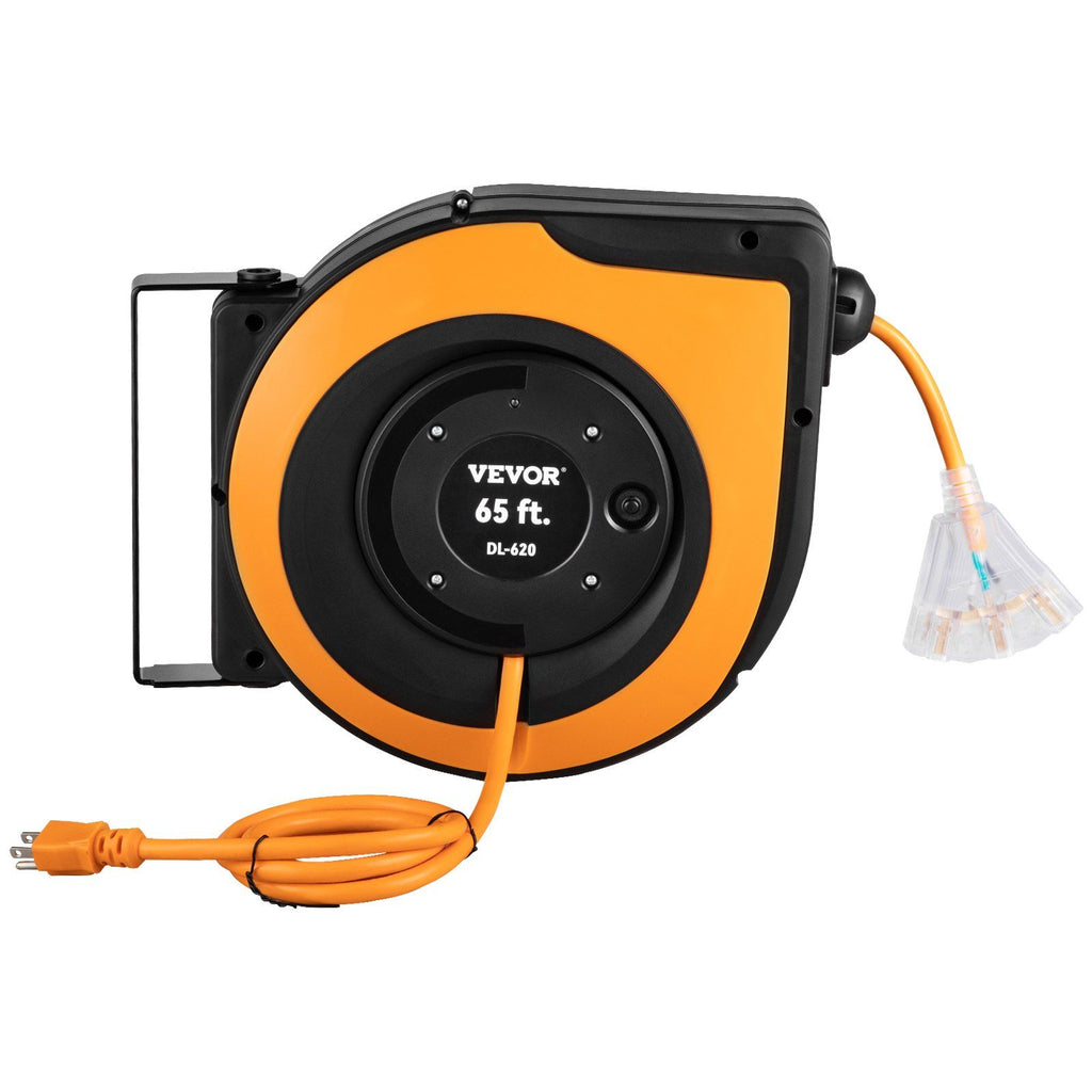Retractable Extension Cord Reel, 65 FT, Heavy Duty 12AWG/3C SJTOW Power Cord, with Lighted Triple Tap Outlet, 15 Amp Circuit Breaker, 180° Swivel Bracket for Ceiling Tested to UL Standards