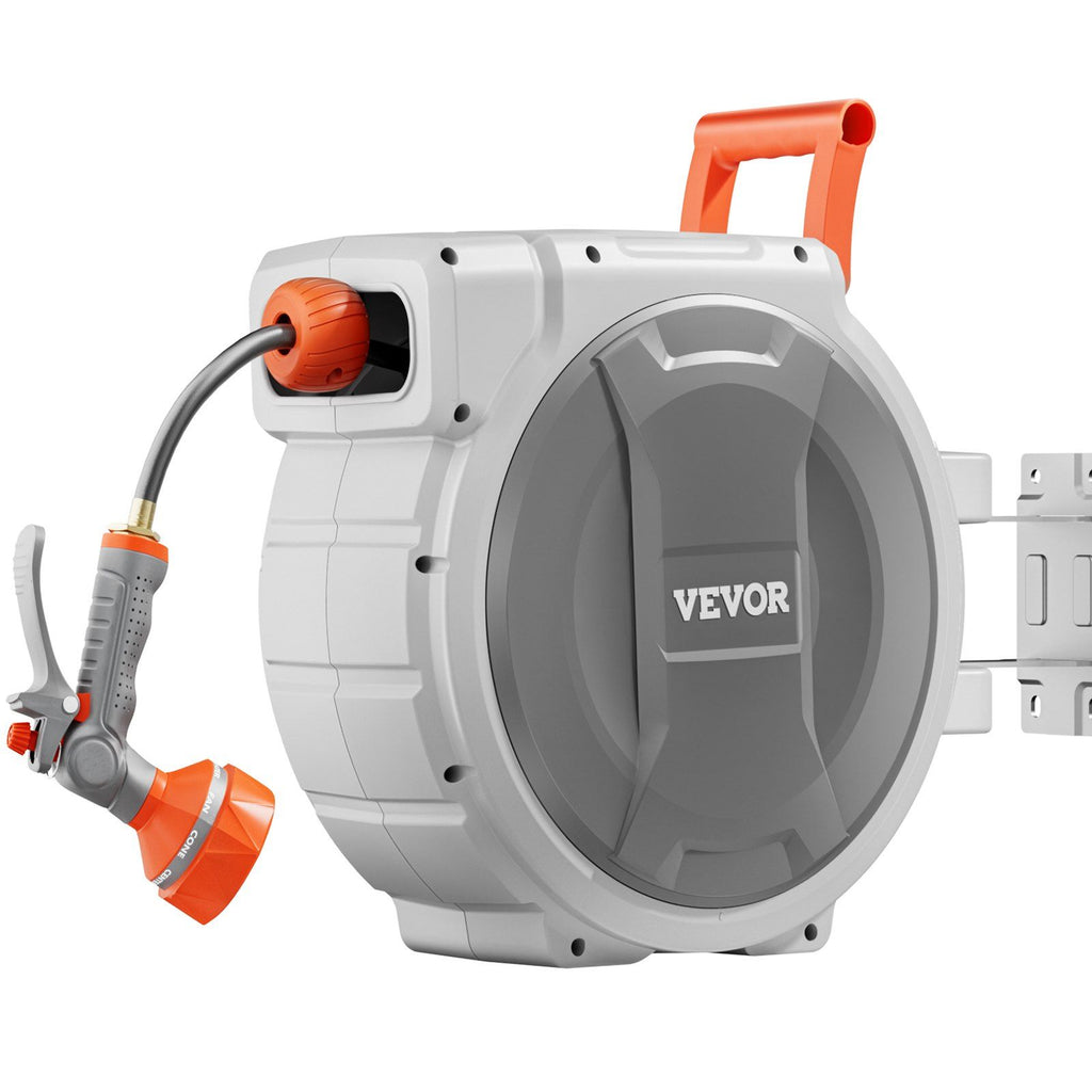 Retractable Garden Hose Reel, 5/8 Inch x 100 ft Wall Mounted, Heavy Duty with 9-Pattern Nozzle, Adjustable Length Lock, Upgraded Slow Return System & 180° Swivel Bracket