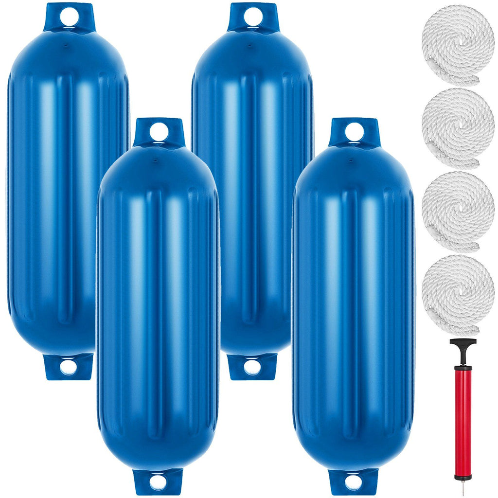 Ribbed Twin Eyes Boat Fender Pack of 4 and Pump to Inflate (Blue,8.5 x 27 inches)