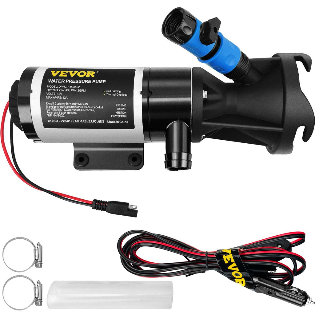 RV Macerator Pump, 12V 12GPM Self-priming Water Waste Pumps w/RV Connector & Hose, 16 ft Lifting Height, 60s Dry Run Quick Release, Fresh Water Rinse & Manual Crushing Function, for RV Yacht