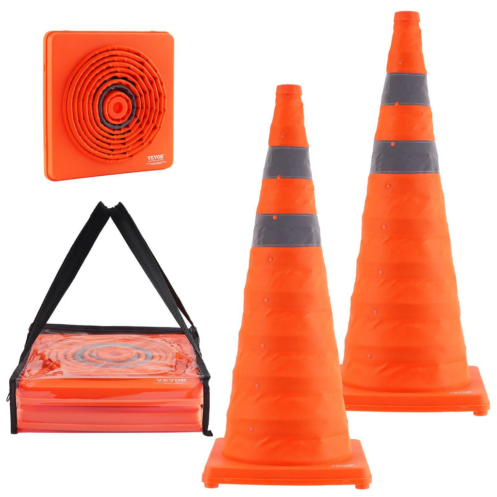 Safety Cones, 2 Pack 28 inch Collapsible Traffic Cones, Construction Cones with Reflective Collars, Wide Base and A Storage Bag, for Traffic Control, Driving Training, Parking Lots