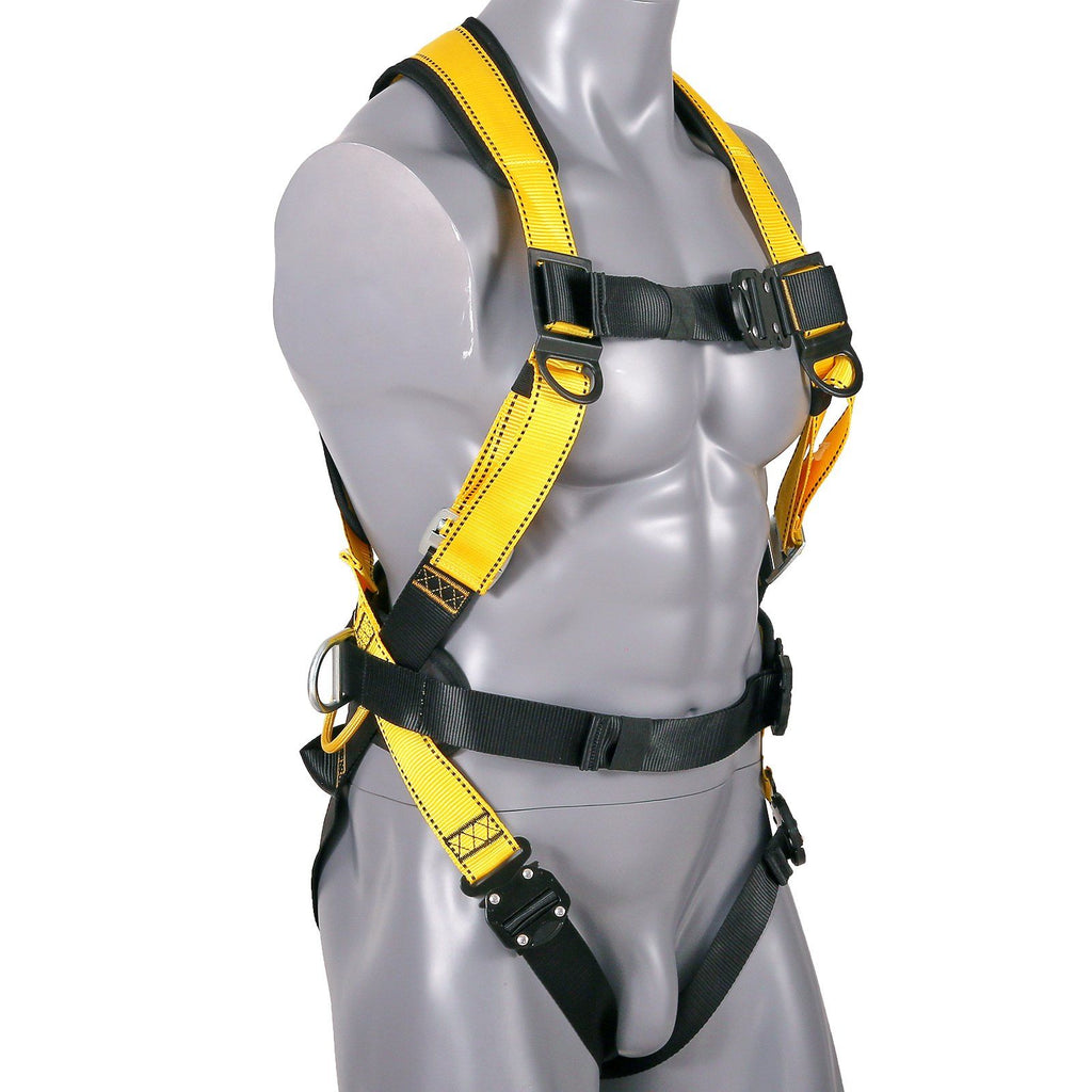 Safety Harness, Full Body Harness, Safety Harness Fall Protection with Added Padding, and Side Rings and Dorsal D-Rings and a Lanyard, ANSI/ASSE Z359.11-2014, 340 lbs Max Weight, L