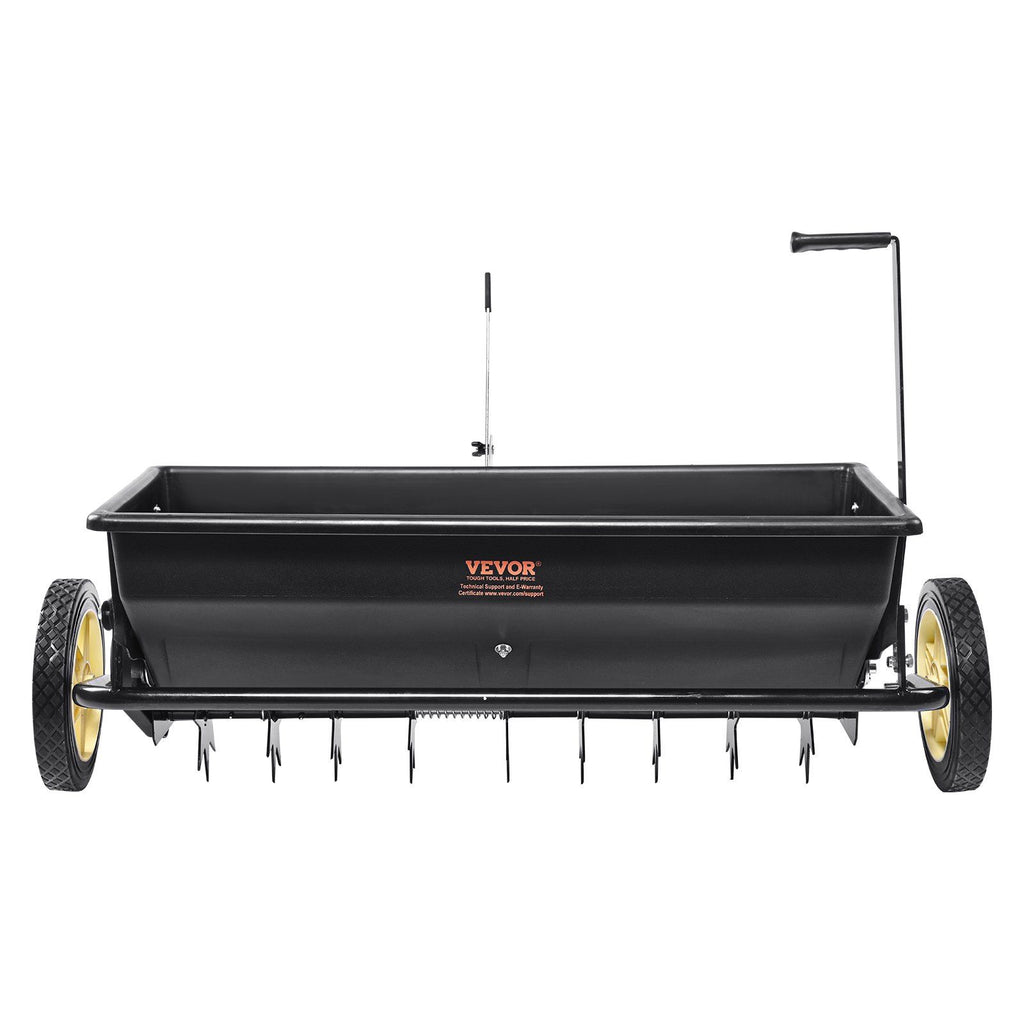 Seed Spreader, 100 LB Capacity, Towable Poly Drop Design with 10" Wheels, Durable Steel Spike Aerator, for Efficient Fertilizing, Seeding, and Salt Distribution, Ideal for Home, Farm Use, Rug
