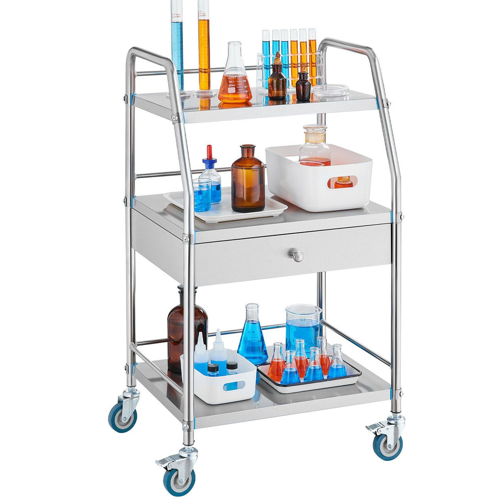 Service Cart, 3 Layers Stainless Steel Utility Rolling Cart with Drawer, Lockable Wheels, Ideal for Laboratory, Hospital, Dental Use