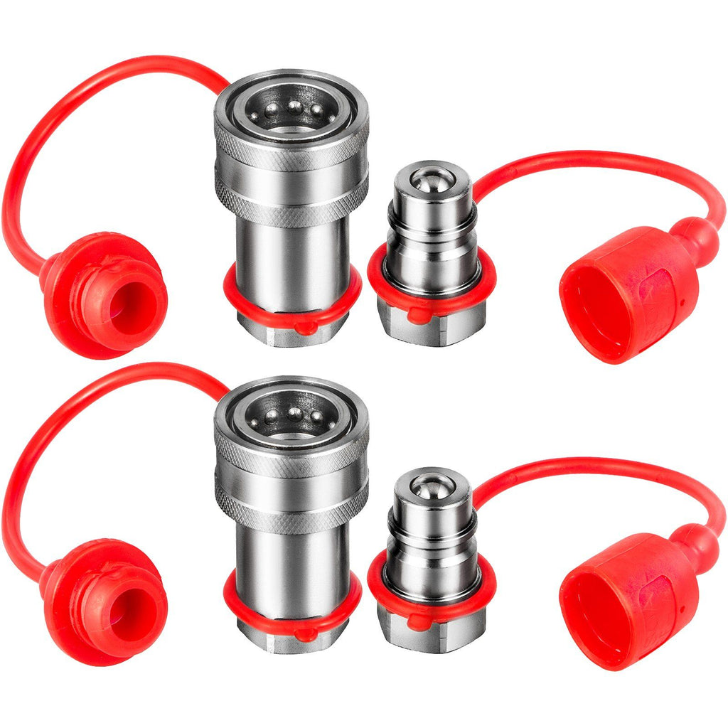 Spherical Face Hydraulic Couplers 1/4" Body 1/4" NPT Thread, Skid Steer Quick Connect Couplings, 5076 PSI Hydraulic Fittings, 2 Sets Hydraulic Couplers w/Dust Caps for Bobcat Case, Kubota